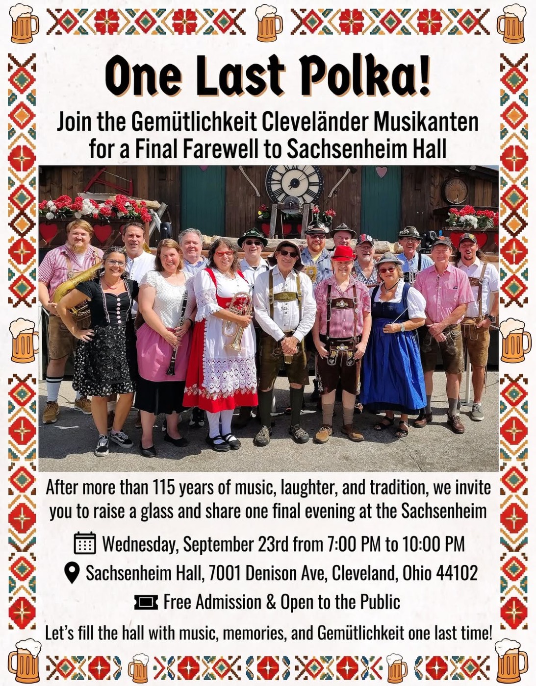 One Last Polka flyer: the Gem&uuml;tlichkeit Clevel&auml;nder Musikanten in tracht outside Sachsenheim Hall, announcing a farewell polka on Wednesday September 23 from 7 to 10 PM, free admission
